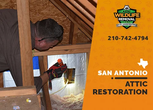 Wildlife Pest Control operator inspecting an attic in San Antonio before restoration